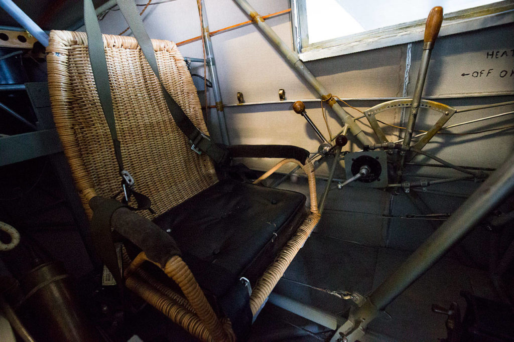 John Norman’s hand-made wicker chair serves as the pilot’s seat in his replica of the Spirit of St. Louis. (Andy Bronson / The Herald)
