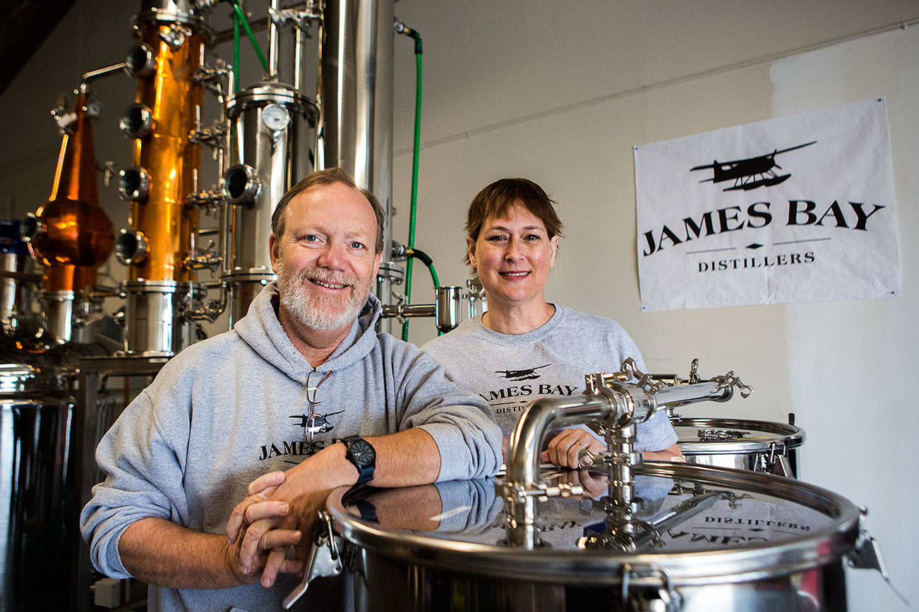 Owners Ernie Troth and wife Leigh Troth at the James Bay Distillery soft-opening on Friday, July 5, 2019 in Everett, Wash. (Olivia Vanni / The Herald)