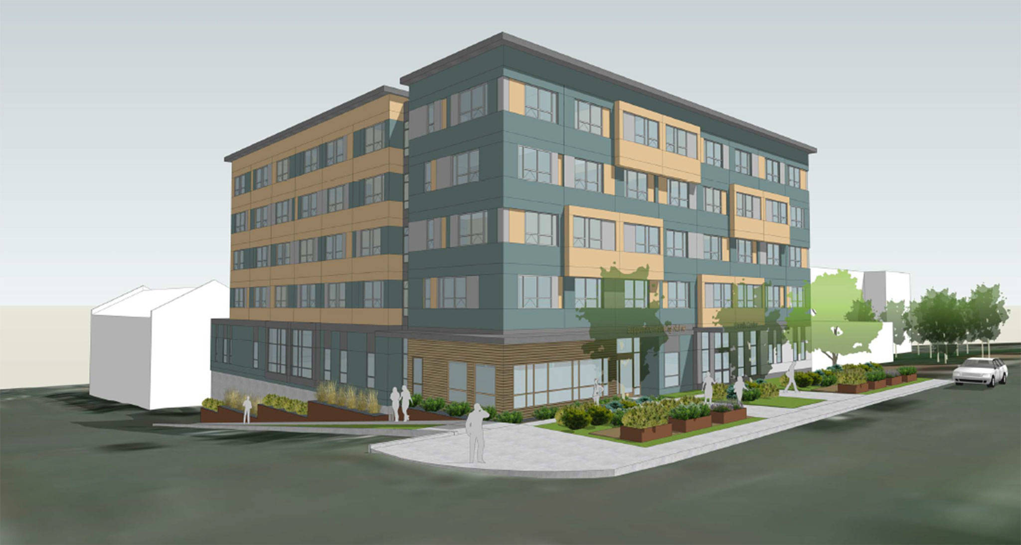 A rendering of Compass Health’s newest project, an 82-unit supportive housing building at the corner of Lombard Avenue and 33rd Street. (Compass Health)