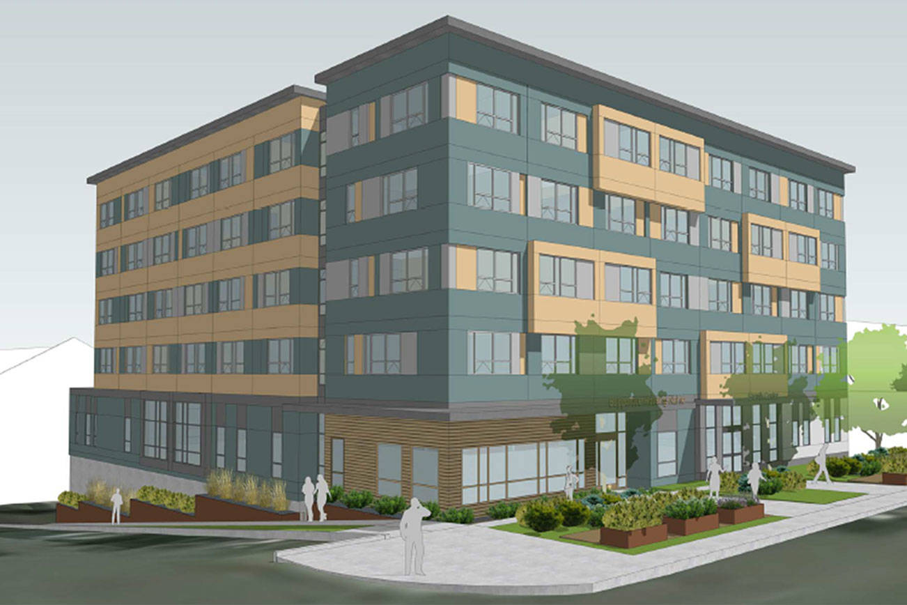A rendering of Compass Health’s newest project, a 82-unit supportive housing building at the corner of Lombard Avenue and 33rd Street. (Compass Health)
