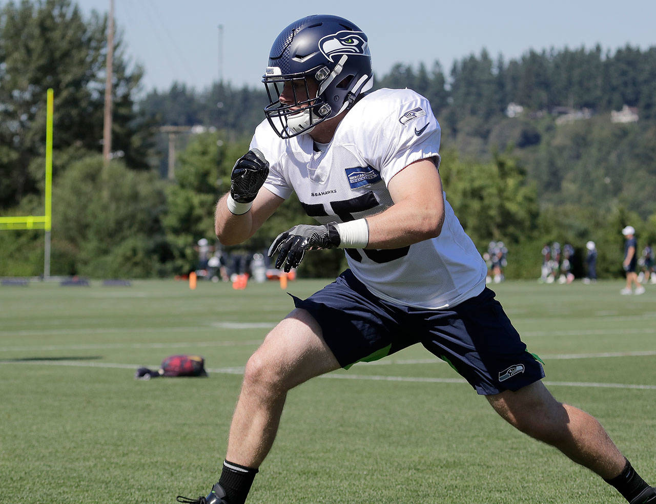 Seattle’s Ben Burr-Kirven participates in a drill during the Seahawks’ July 29 training camp practice in Renton. (AP Photo/Ted S. Warren)