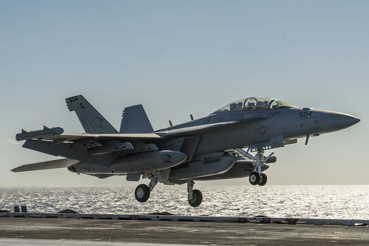 An EA-18G Growler launches from the aircraft carrier USS Carl Vinson’s flight deck in May 2015, in the Indian Ocean. (Mass Communication Specialist 2nd Class John Philip Wagner Jr. / U.S. Navy)