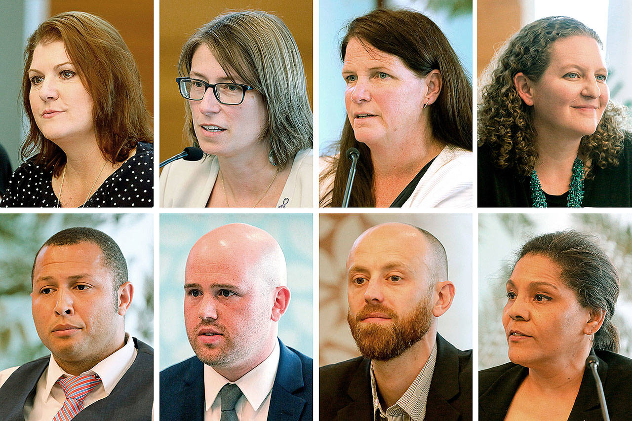 Eight candidates are seeking election to the Snohomish County Council’s District 2: (top row, from left) Anna Rohrbough, Jennifer Gregerson, Cecilia Wilson, Megan Dunn; (bottom row, from left) Louis Harris, Alex Lark, Tyler Verda and Sharita Burton. (Kevin Clark / The Herald)