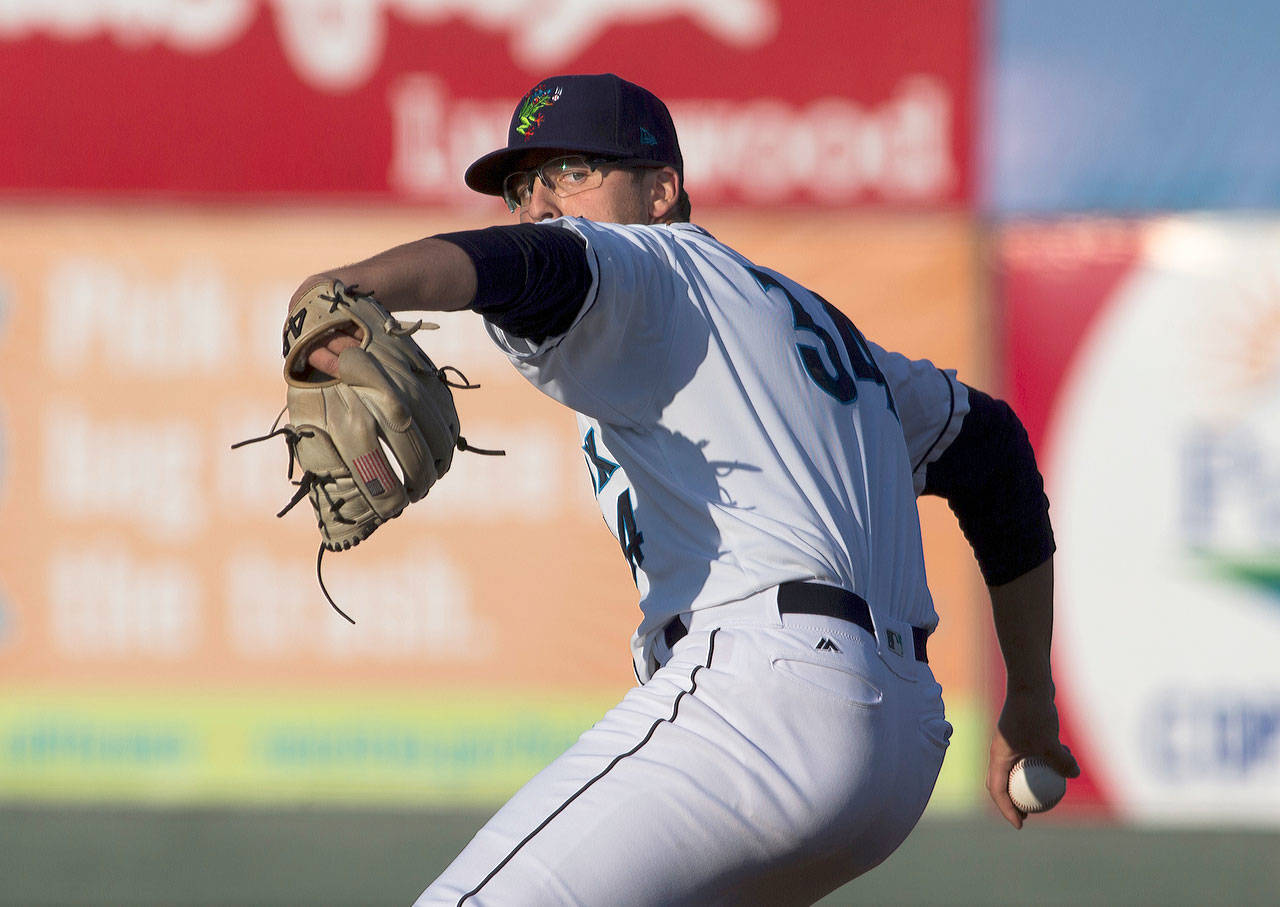Everett’s Damon Casetta-Stubbs delivers to the plate during the AquaSox home opener on June 21 at Funko Field in Everett. Casetta-Stubbs is one of four Everett players selected for the Northwest League-Pioneer League All-Star game. (Andy Bronson / The Herald)