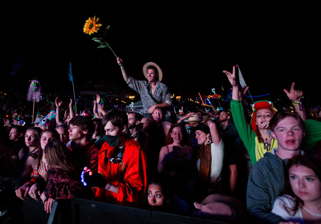 The crowd cheers during The Polish Ambassador during the third day of Summer Meltdown on Saturday, Aug. 3, 2019 in Darrington, Wash. (Olivia Vanni / The Herald)