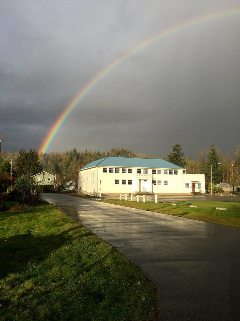 A rainbow frames the Startup Event Center as restoration work was nearing completion. Nicole Shroy)
