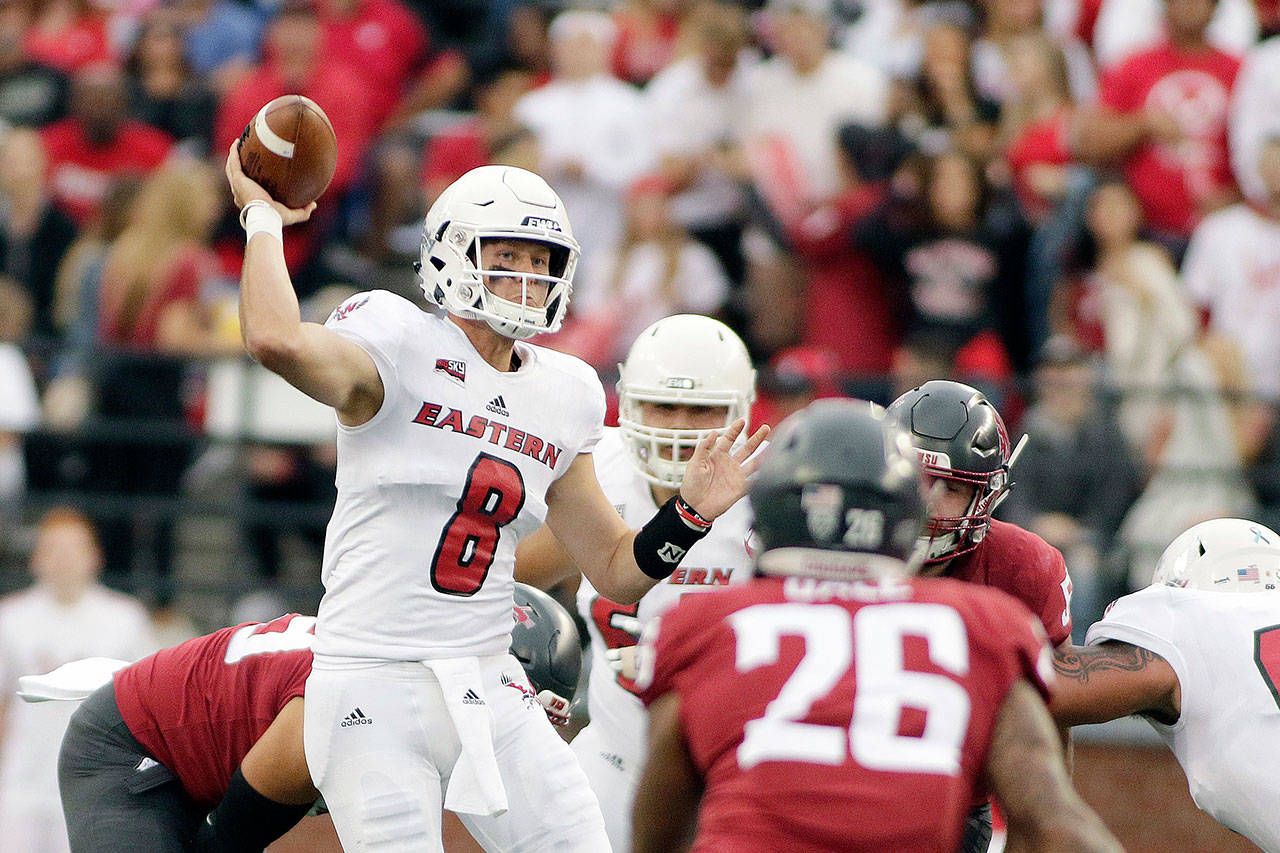 Gage Gubrud (8), then Eastern Washington’s quarterback Gage Gubrud throws a pass against Washington State on Sept. 15, 2018 in Pullman. Gubrud has since transferred to WSU. (AP Photo/Young Kwak)