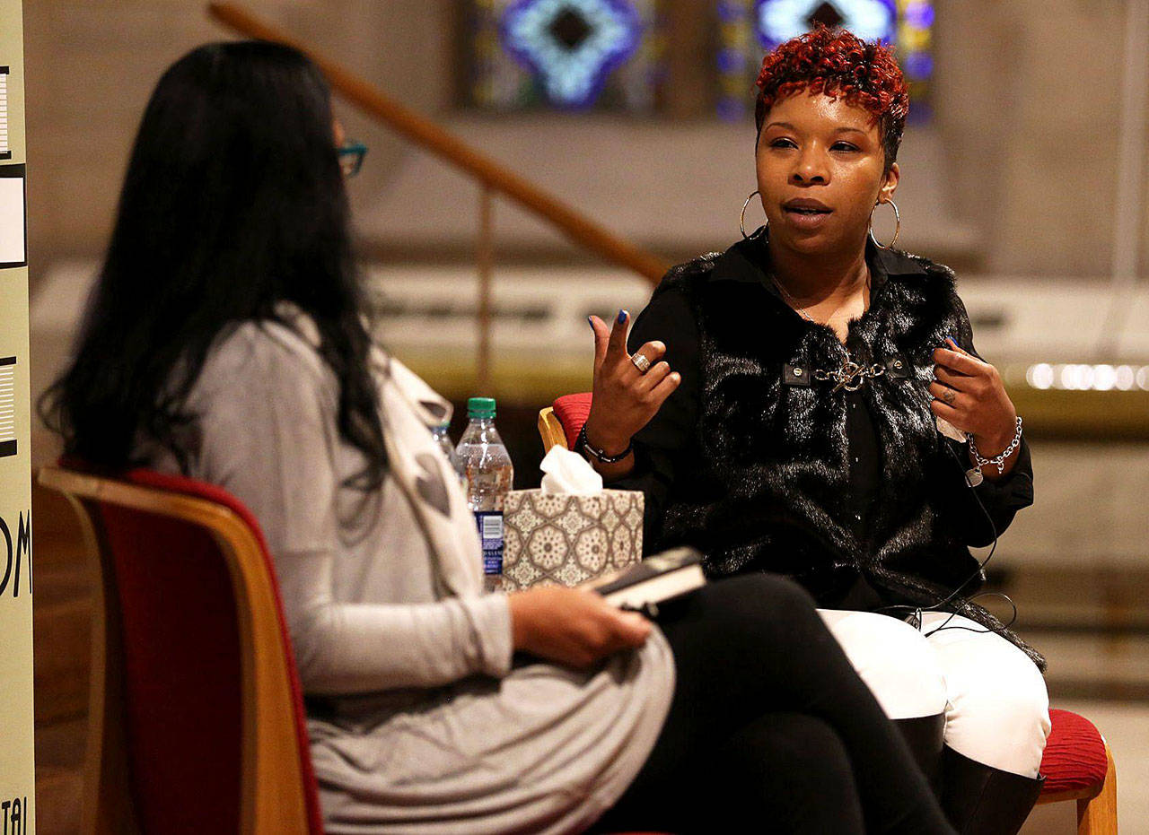 Lezley McSpadden (right), mother of Michael Brown, speaks about her memoir, “Tell the Truth & Shame the Devil” at a signing event May 17, 2016, at Christ Church Cathedral. (Photo by Roberto Rodriguez)
