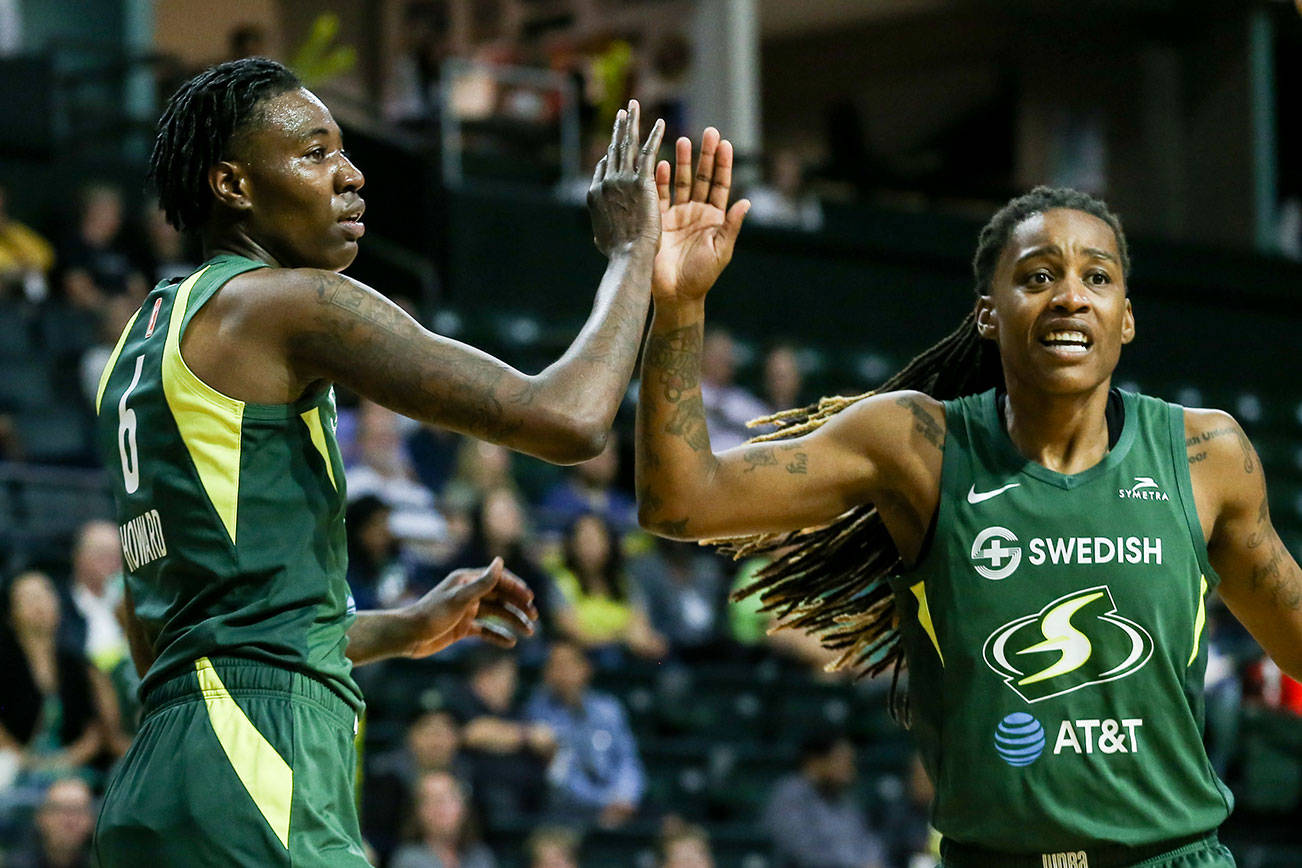 Scenes of the Seattle Storm’s final regular season home game against the Dallas Wind Thursday evening at Angel of the Wings in Everett on August 8, 2019. The Storm won 69-57. (Kevin Clark / The Herald)