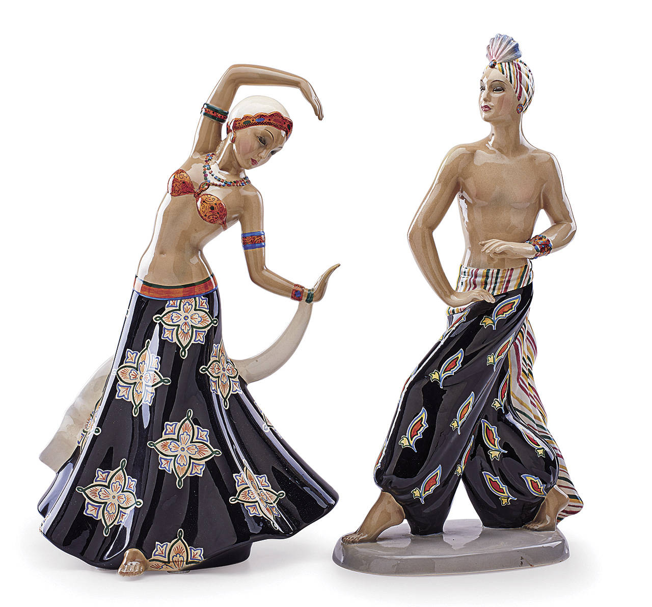 This pair of dancers titled “Cavaliere Indiano and Danzatrice Indiana” were made in the 1930s in Turin, Italy. They have the incised mark “Cia Manna.” The pair was estimated at $800 to $1,200 but did not sell. (Cowles Syndicate Inc.)