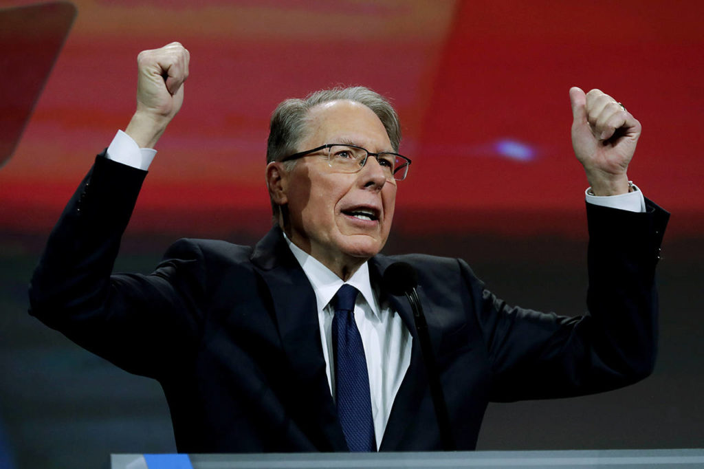 In this April 27 photo, NRA Executive Vice President Wayne LaPierre speaks at the NRA Annual Meeting of Members in Indianapolis. (AP Photo/Michael Conroy, File)
