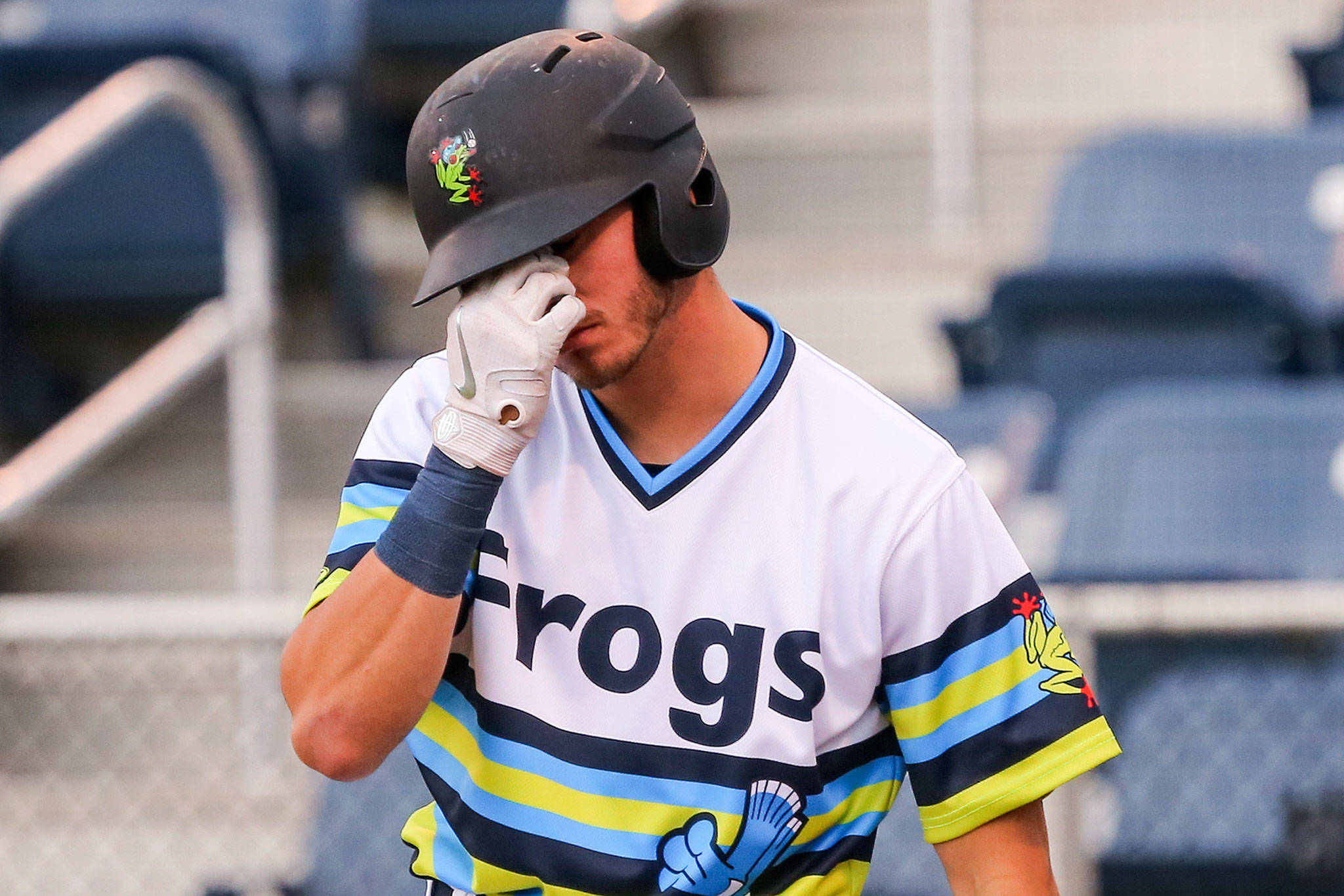 AquaSox’s Cash Gladfelter reacts to a strike while at bat Sunday afternoon at Funko Field at Everett Memorial Stadium in Everett on August 11, 2019. (Kevin Clark / The Herald)