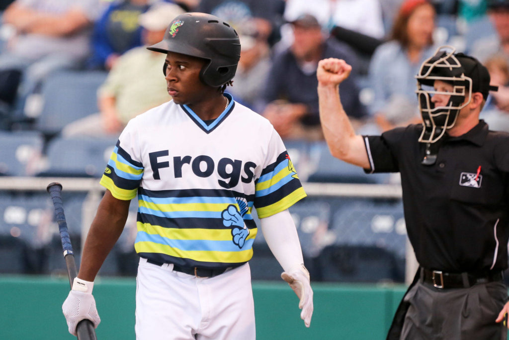 AquaSox’s Luis Joseph glares after striking out against the Hillsboro Hops Sunday afternoon at Funko Field at Everett Memorial Stadium in Everett on August 11, 2019. (Kevin Clark / The Herald)
