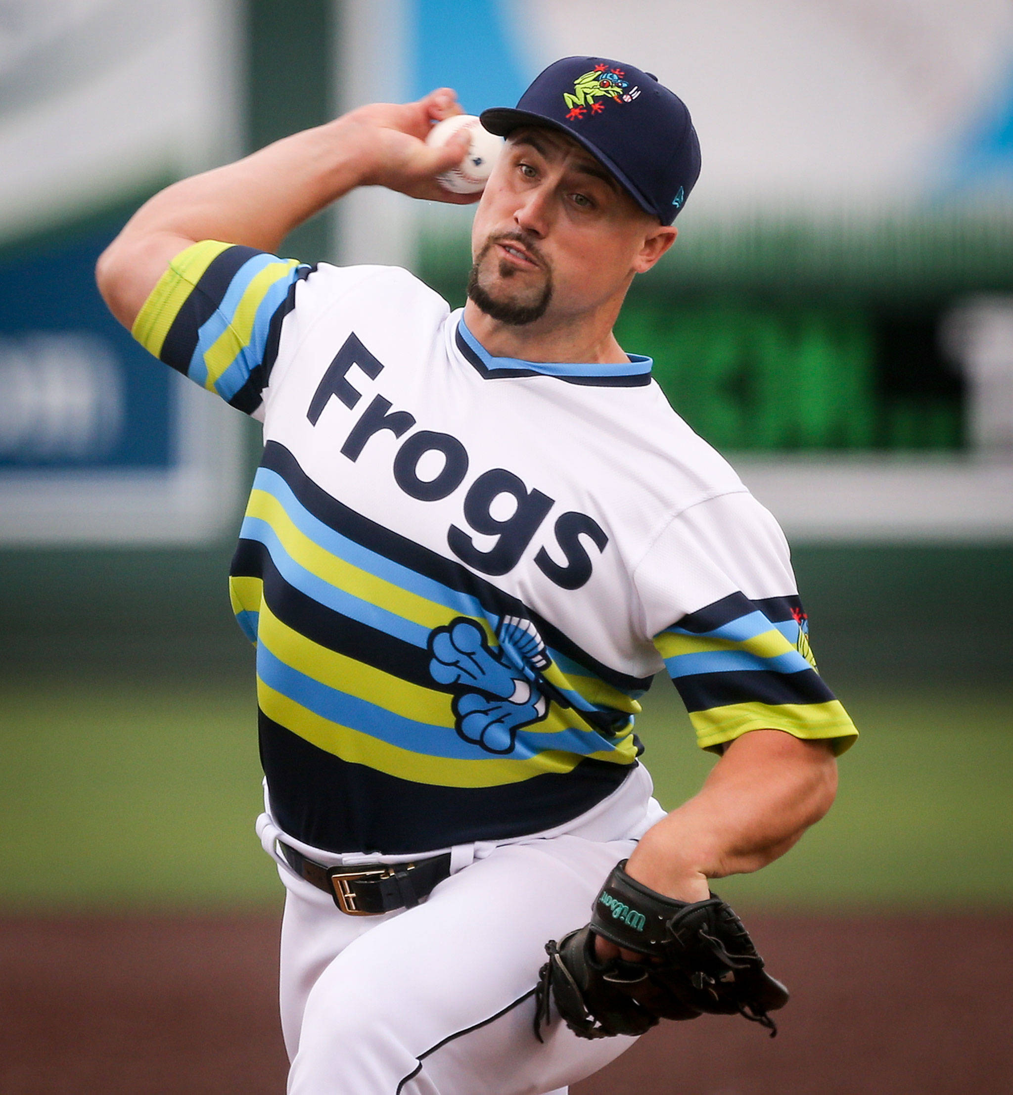 Dan Altavilla, in Everett making a rehab appearance Sunday, throws a pitch in the fifth inning of the AquaSox’s 10-1 loss to Hillsboro at Funko Field. (Kevin Clark / The Herald)