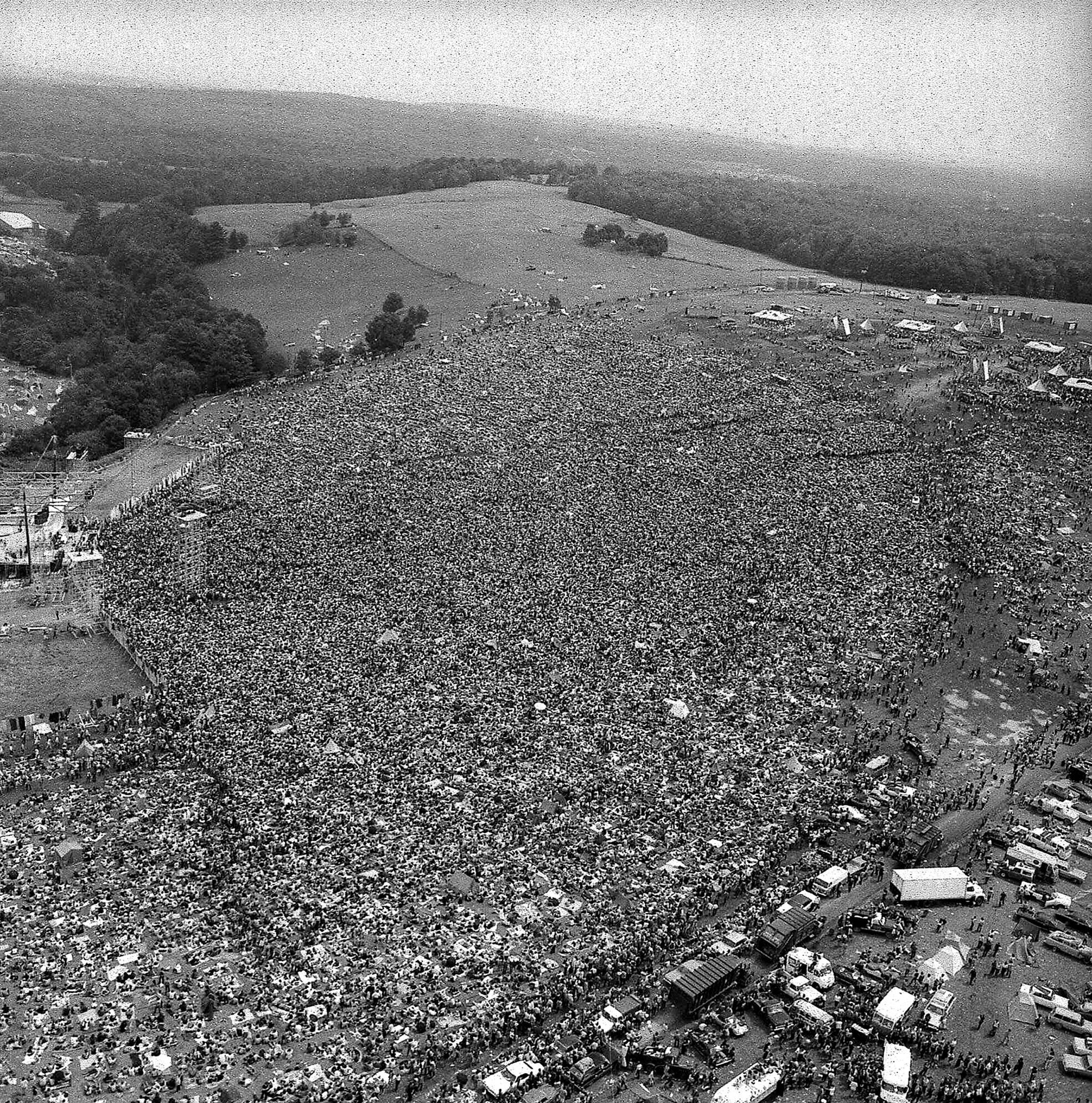 A crowd of about 400,000 at the Woodstock Music and Arts Festival in Bethel, New York, on Aug. 16, 1969. (AP Photo, File)