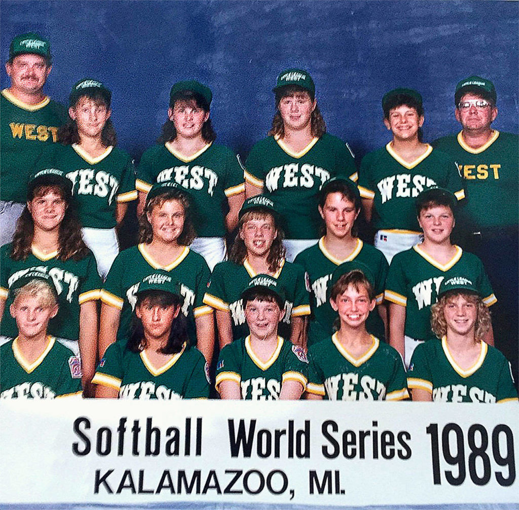 The All-Stars from Marysville in a team photo from the Little League Softball World Series played in Kalamazoo, Michigan, in 1989.
