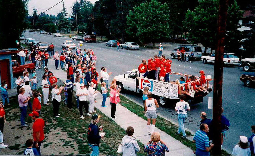 Back in Marysville, the players and coaches were celebrated with a parade for their performance in the 1989 Little-League Softball World Series. (Courtesy Marysville All-Stars)
