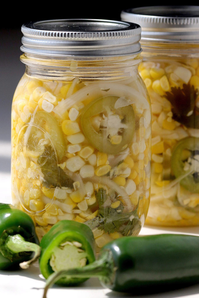 Jalapeno-cilantro pickled corn, for all its fancy name, is just corn relish with a little bit of a kick. (Hillary Levin/St. Louis Post-Dispatch)

