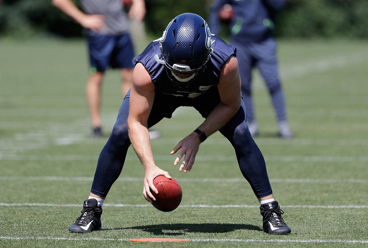 Seahawks long snapper Tyler Ott practices on June 13, 2019, in Renton. (AP Photo/Elaine Thompson)