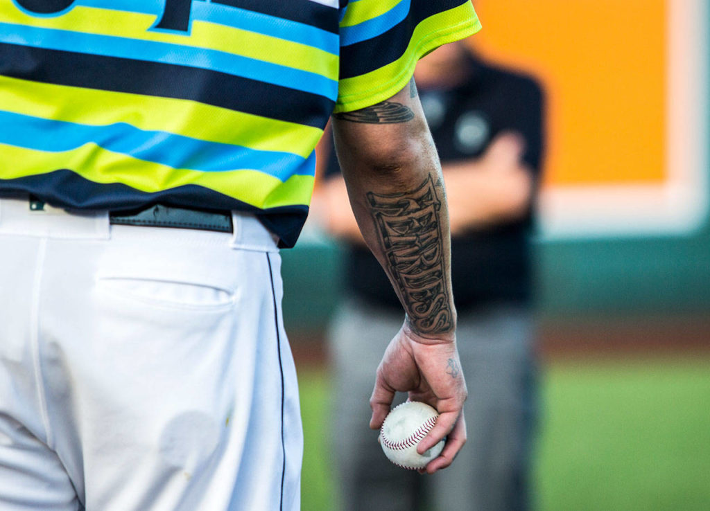 Mariners’ pitcher Felix Hernandez warms up before a game Wednesday at Funko Field in Everett. (Olivia Vanni / The Herald)
