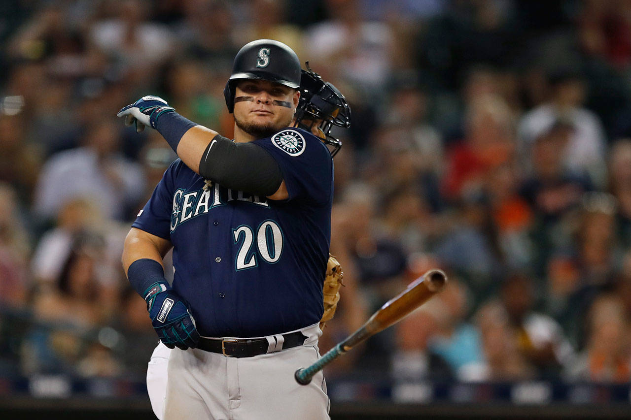 The Mariners Daniel Vogelbach throws his bat after striking out during the sixth inning of a game against the Tigers on Aug. 14, 2019, in Detroit. (AP Photo/Carlos Osorio)