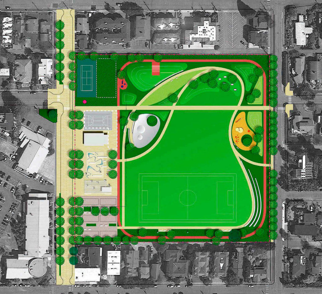 Edmonds’ Civic Park will include six petanque courts, a multi-sport court, tennis courts and a track among other amenities at the former site of Civic Field and Edmonds High School. (City of Edmonds)
