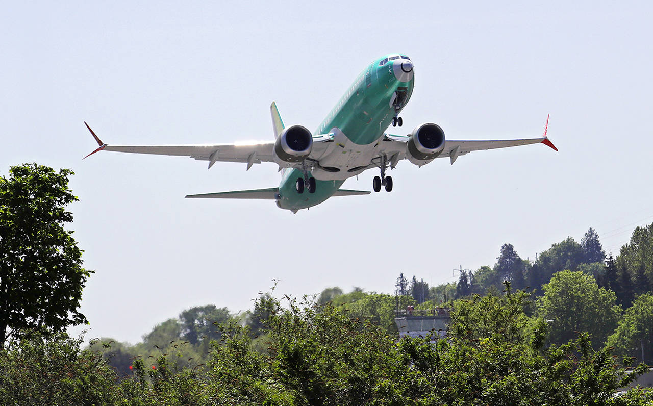 In this May 8 photo, a Boeing 737 MAX 8 jetliner being built for Turkish Airlines takes off on a test flight in Renton. (AP Photo/Ted S. Warren, File)