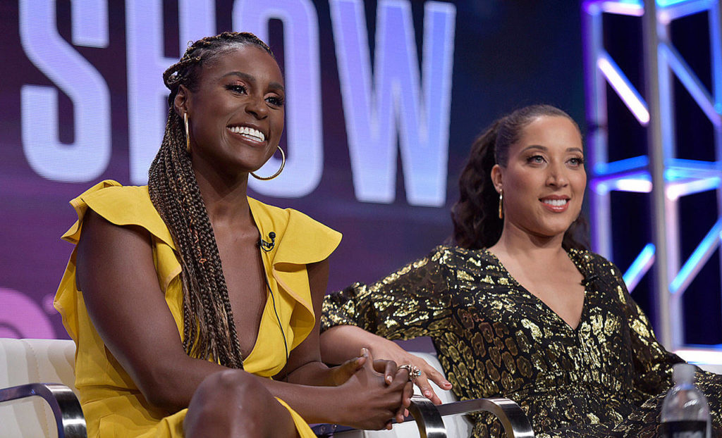 Executive producers Issa Rae, left, and Robin Thede of HBO’s “A Black Lady Sketch Show” talk on a panel at the Television Critics Association Summer Press Tour in Beverly Hills, California. The six-episode series offers sketches written and performed by an all-black female cast. (Photo by Richard Shotwell/Invision)

