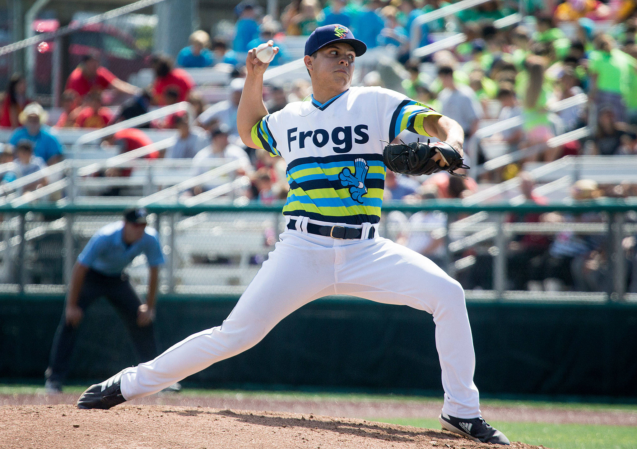 Everett’s Bernie Martinez pitches during the AquaSox’ 6-4 win over Hillsboro on Aug. 13 at Funko Field in Everett. (Andy Bronson / The Herald)