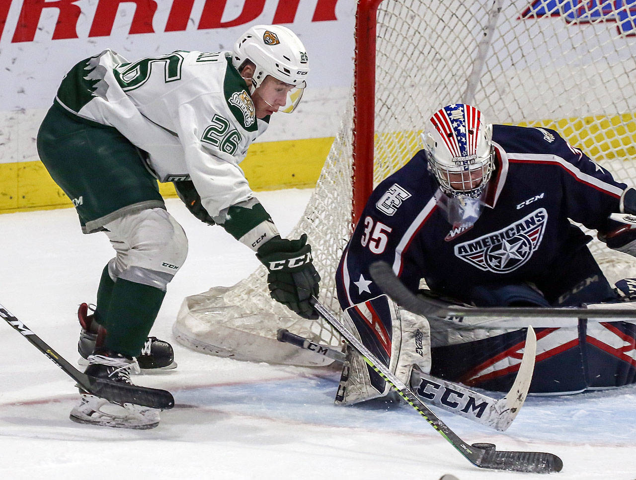 Reece Vitelli (left), one of the only true centers on the Silvertips’ roster heading into training camp, will be a player Everett relies on to fill its scoring void this upcoming season. (Kevin Clark / The Herald)