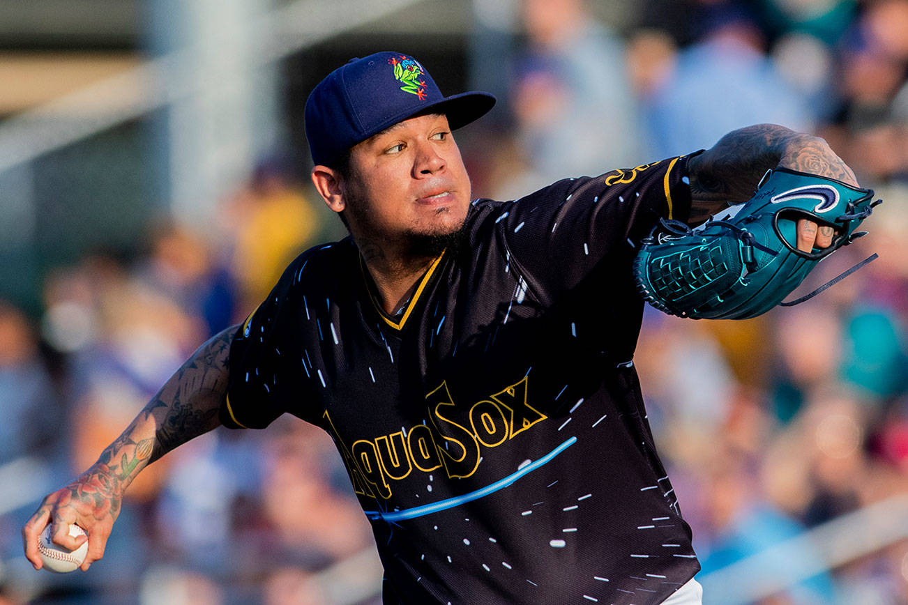 Longtime Seattle Mariners ace pitcher Felix Hernandez throws the ball in the first inning of the Everett AquaSox’s game against the Spokane Indians at Funko Field at Everett Memorial Stadium on Friday, August 2, 2019. (Dougal Brownlie, For the Everett Daily Herald)