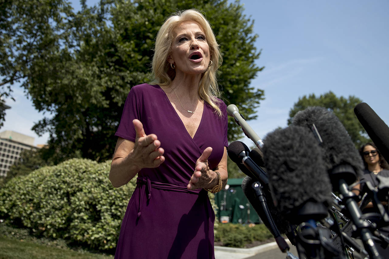 Counselor to the President Kellyanne Conway told members of the media that “the fundamentals of our economy are very strong” outside of the White House in Washington on Wednesday. (AP Photo/Andrew Harnik)