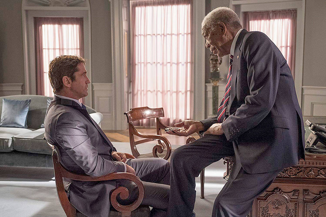 Gerard Butler plays long-suffering Secret Service agent Mike Banning and Morgan Freeman is — who else? — the president in “Angel Has Fallen.” (Lionsgate)