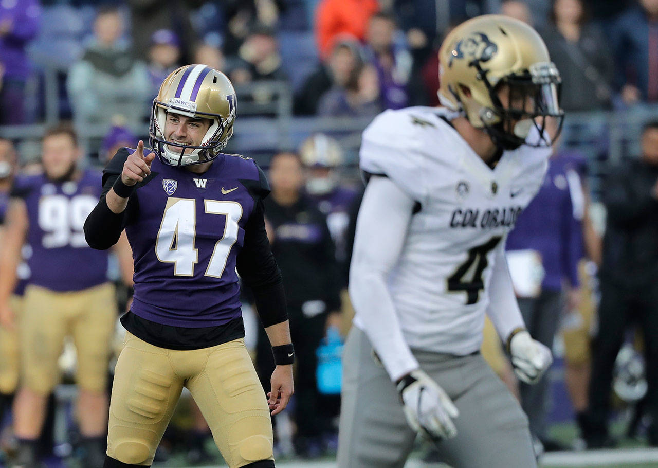 Washington kicker Peyton Henry (47) reacts after kicking a field goal in the second half of a game against Colorado on Oct. 20, 2018, in Seattle. (AP Photo/Ted S. Warren)