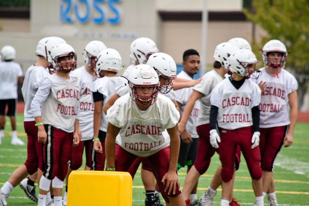 Junior Miles Fabre waits for a defensive drill to start at Cascade High School on Wednesday, Aug. 21. (Katie Webber / The Herald)
