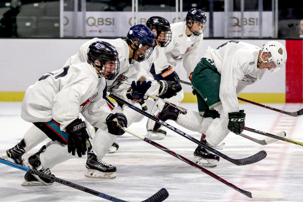 Team 3 White races after a penalty shot during Silvertips training camp on Aug. 22, 2019, at Angel of the Winds Arena in Everett. (Kevin Clark / The Herald)
