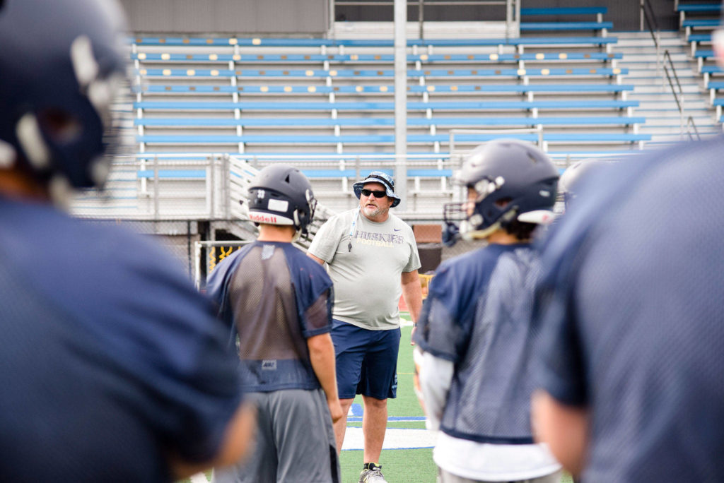 Sultan head coach Rick Rudd gives his team instructions during practice on Aug. 23, 2019, at Sultan High School. (Katie Webber / The Herald)
