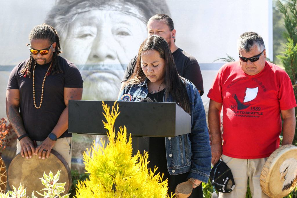 Natosha Gobin offers a prayer during the naming ceremony of Pilchuck Julia Landing Tuesday afternoon in Snohomish. (Kevin Clark / The Herald)
