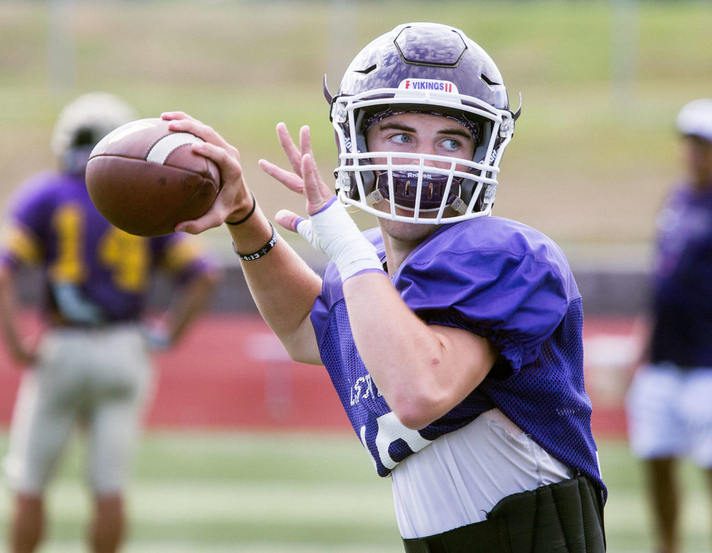 Tanner Jellison is expected to take over at quarterback for the reigning 4A state runner-up Vikings. (Andy Bronson / The Herald)
