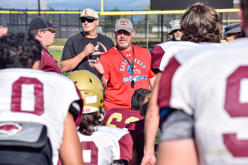 Lakewood head coach Dan Teeter reflects on the teams performance at the end of practice on Aug. 28, 2019, at Lakewood High School in Arlington. (Katie Webber / The Herald)
