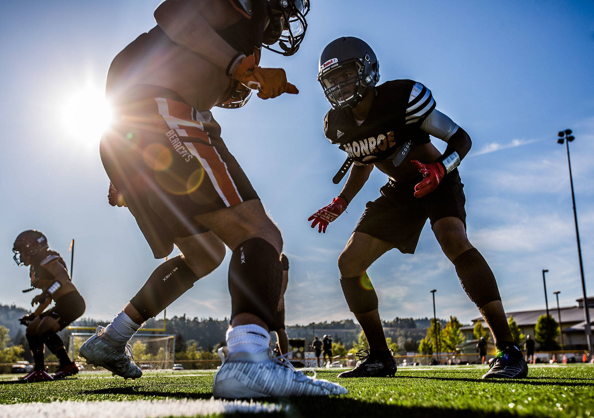 J.R. Little runs through a during football practice at Monroe High School on Wednesday, Aug. 28, 2019 in Monroe, Wash. (Olivia Vanni / The Herald)