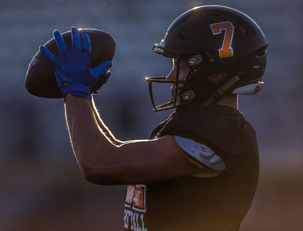 Efton Chism III catches a pass during football practice at Monroe High School on Wednesday, Aug. 28, 2019 in Monroe, Wash. (Olivia Vanni / The Herald)
