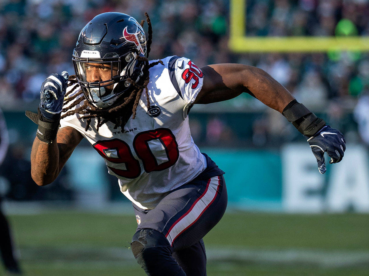 The Texans’ Jadeveon Clowney rushes during a game against the Eagles on Dec. 23, 2018, in Philadelphia. The Seahawks are on the verge of acquiring Clowney from Houston, according to multiple reports. (AP Photo/Chris Szagola, File)