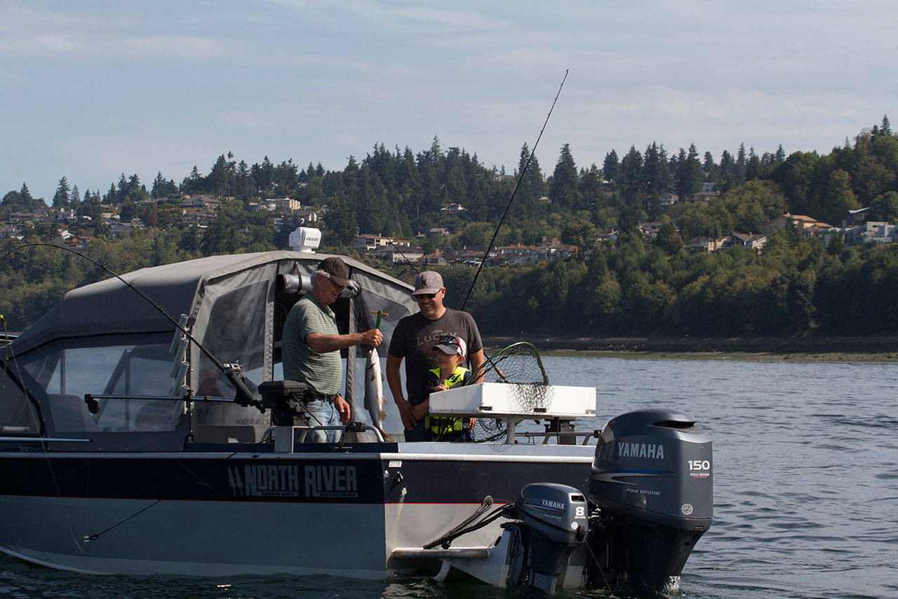 Happy anglers display a nice Pink salmon they caught while trolling in Humpy Hollow south of Mukilteo. (Mike Benbow photo)