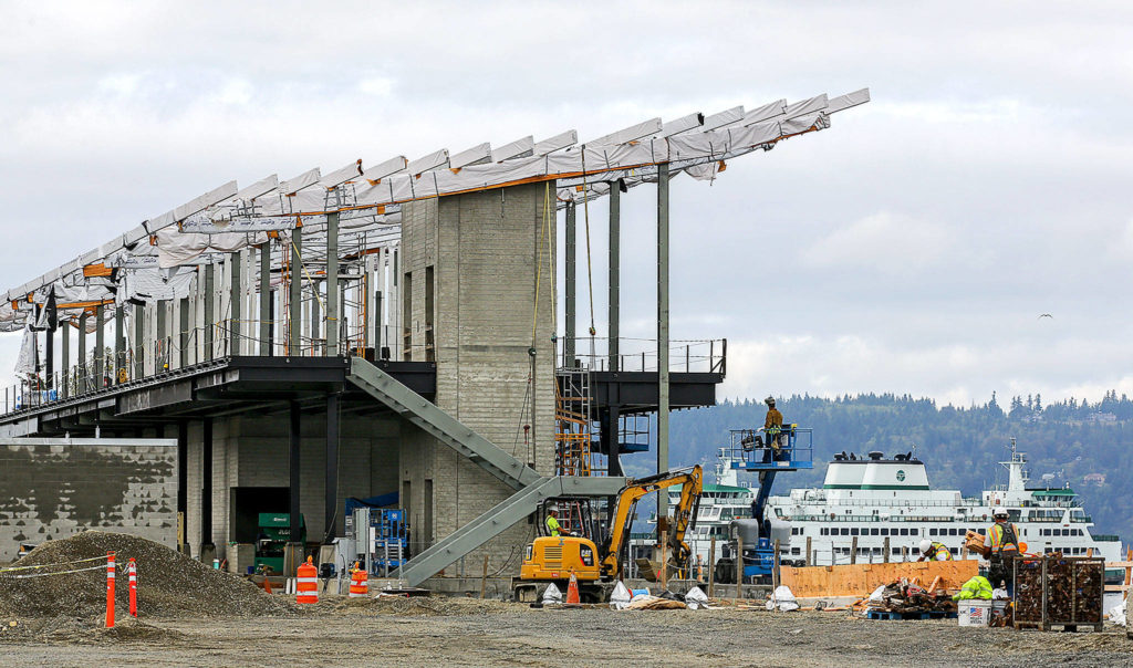 Construction continues on the new terminal Wednesday morning in Mukilteo. (Kevin Clark / The Herald)
Construction continues on the new terminal. (Kevin Clark / The Herald)
