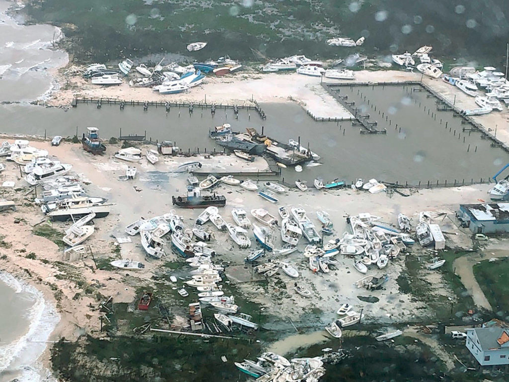 Boats on Monday litter the area around a marina in the Bahamas after Hurricane Dorian. (U.S. Coast Guard Station Clearwater via AP)
