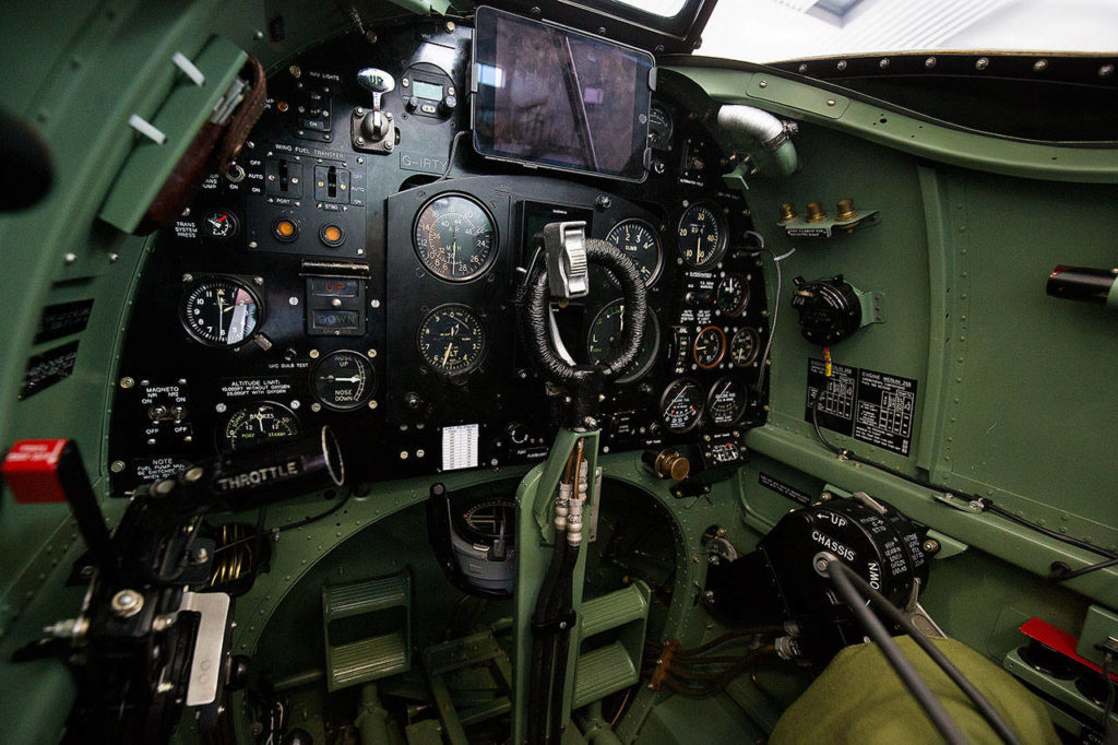 A view in the cockpit of the Silver Spitfire, a World War II Supermarine Spitfire Mk.IX fighter plane. (Andy Bronson / The Herald)
