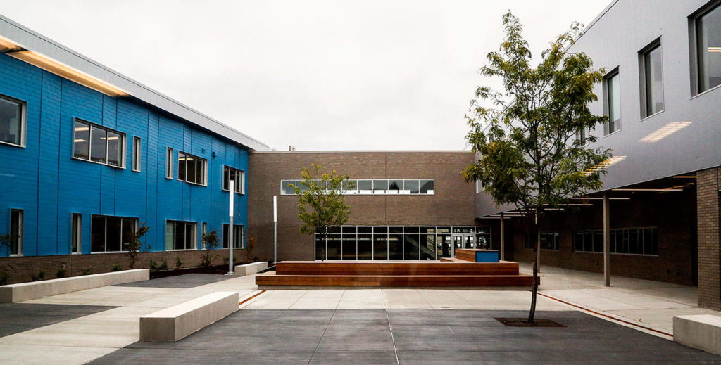 North Middle School’s new two-story classroom building includes a central courtyard accessible only from within the school. (Dan Bates / The Herald)
