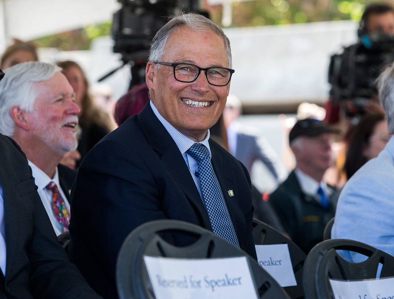 Gov. Jay Inslee at the Lynnwood Link light-rail extension groundbreaking on Tuesday. (Olivia Vanni / The Herald)