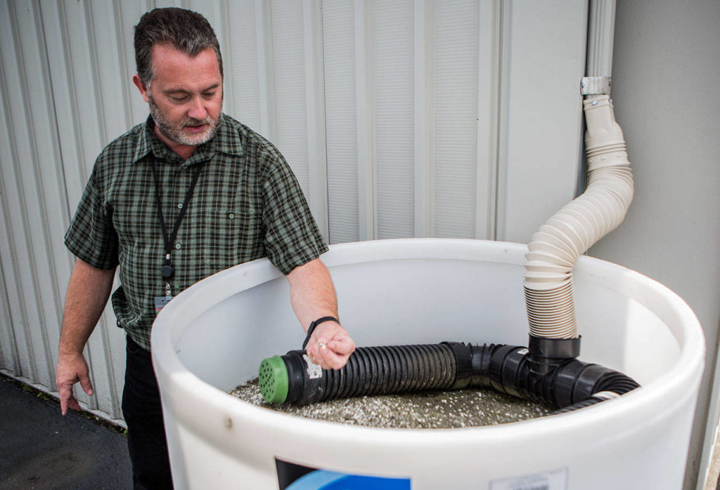 Paine Field environmental & wildlife manager Andrew Rardin picks up some of the oyster shell and sediment water filtration mixture that is used to filter hanger rain run off at Paine Field on Sept. 5 in Everett. (Olivia Vanni / The Herald)
